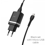 Блок питания сетевой 1 USB HOCO, C12Q, 3000mA, пластик, QC3.0, кабель микро USB, цвет: чёрный