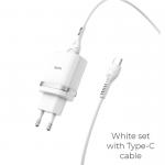 Блок питания сетевой 1 USB HOCO, C12Q, 2400mA, пластик, QC3.0, кабель Type-C, цвет: белый