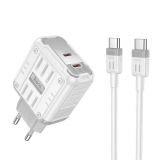 Блок питания сетевой 2 Type-C HOCO C137A, Rock, 45Вт, PD, QC, FCP, AFC, кабель Type-C, 1,0 м, белый