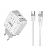 Блок питания сетевой 2 Type-C HOCO C137A, Rock, 45Вт, PD, QC, FCP, AFC, кабель Type-C, 1,0 м, белый
