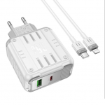 Блок питания 1 USB, 1 Type-C HOCO C138A, Rock, 65Вт, кабель Type-C, 8-pin, 1.0м, цвет: белый