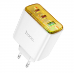 Блок питания сетевой 1 USB, 2 Type-C HOCO CS44A, Smart, 5V, 3.0A, PD 65Вт, цвет: белый