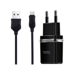 Блок питания сетевой 2 USB HOCO, C12, 2400mA, пластик, кабель микро USB, цвет: чёрный