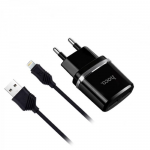 Блок питания сетевой 2 USB HOCO, C12, 2400mA, пластик, кабель Apple 8 pin, цвет: чёрный