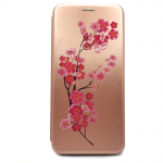 Чехол-книга Fashion Case для Realme C3, красочный принт, ветви с розовыми цветками, розовое-золото
