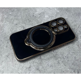 Силиконовый чехол для Iphone 15 Pro глянцевый, с защитой, кольцо-подставка 360, черный