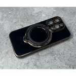 Силиконовый чехол для Iphone 15 глянцевый, барха, с защитой камеры, кольцо-подставка 360, черный