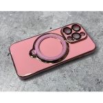 Силиконовый чехол для Iphone 15 Pro глянцевый, с защитой, кольцо-подставка 360, розовый
