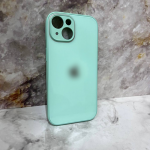 Чехол для Iphone 13 (6.1) стеклянный, силиконовый борт, окантовка камеры и защитой, с лого, мятная