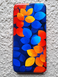Чехол-книга Fashion Case для Xiaomi Redmi 9C, принт, оранжевые и синие листья, бордовый